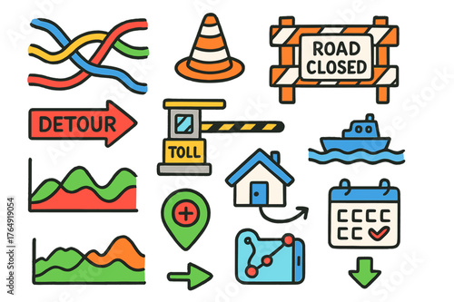 Traffic Route Doodle. Route planning and traffic. Colorful Hand-drawn doodle Children illustration Route planning and traffic multi-route lines, traffic color