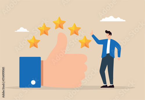 Flat illustration of business owner give big thumb up with five stars symbolizing high quality service