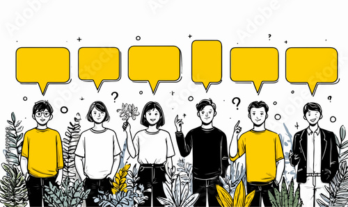 다양한 사람들이 모여 대화하며 아이디어를 나누는 모습을 표현한 현대적이고 예술적인 벡터 일러스트레이션으로, 소통의 중요성을 강조합니다.