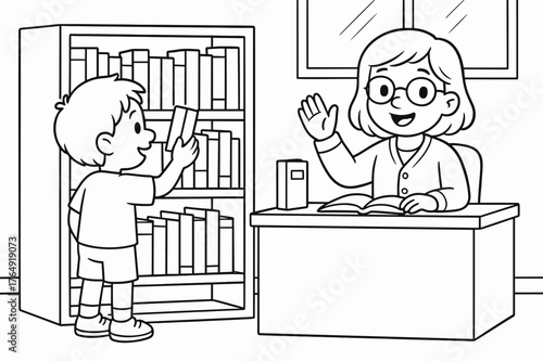 Library Adventure Coloring Page. Library visit children?s coloring book illustration, outlined drawing, a child choosing a book from a simple shelf while a