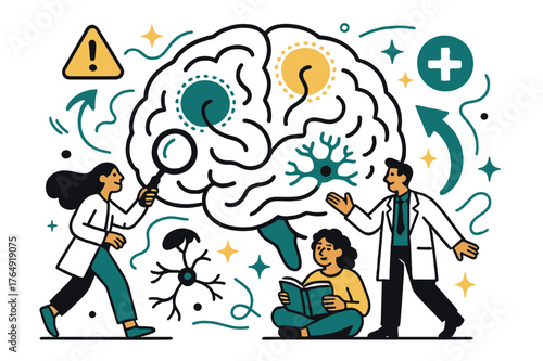 Brain Anatomy Illustration. Brain disorders and conditions. Illustration of brain with highlighted regions and abstract floating lines, icons, and sparkles;