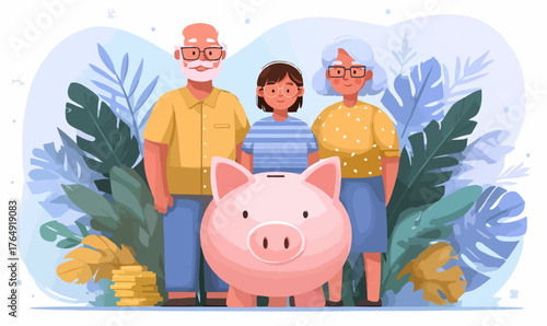 미래를 위한 재정적 안정과 세대 간의 사랑을 상징하는 돼지 저금통 앞에 모인 행복한 조부모와 손녀의 모습을 담은 벡터 일러스트레이션입니다.