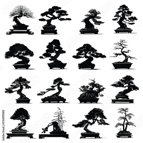 Collection of elegant bonsai tree silhouettes showcasing diverse forms isolated on white background