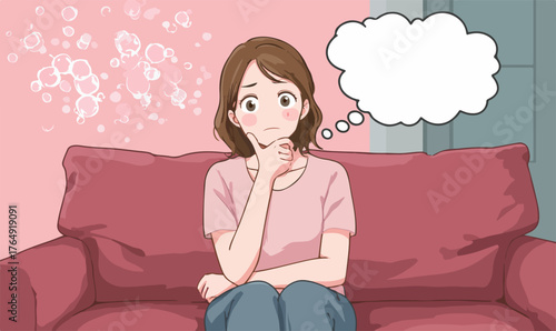 분홍색 소파에 앉아 손으로 턱을 괴고 깊은 생각에 잠긴 젊은 여성이 불확실한 미래나 복잡한 문제에 대해 고민하는 모습을 섬세하게 묘사한 벡터 일러스트레이션입니다.