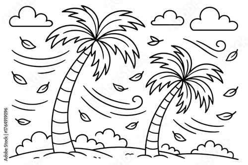 Windy Palm Coloring. Windy palm day children?s coloring book illustration, outlined drawing, palm trees bending gently in the breeze with curved motion lines