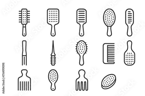 Hair Brush Icons. Hair brushes. Line icon set of hair brushes: round brush, paddle brush, vent brush, detangling brush, styling brush, teasing brush, boar