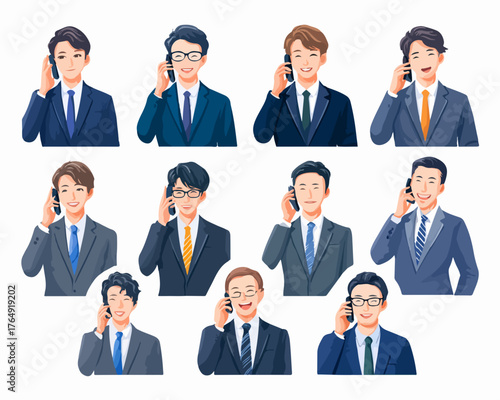 현대 비즈니스 환경에서 다양한 연령과 스타일의 남성 전문가들이 휴대폰으로 소통하는 모습을 생생하게 묘사한 다채로운 벡터 일러스트레이션 모음입니다.