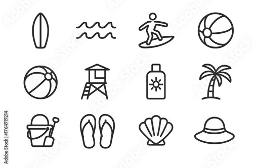 Coastal Icon Set. Coastal fun. Line icon set of coastal fun: surfboard, waves, surfer, volleyball, beach ball, lifeguard tower, sunscreen bottle, palm tree,