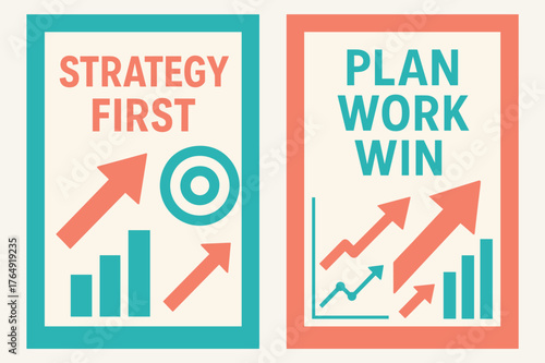 Modern Strategy Banners. Strategy first. Two vertical A6 banners with safe margins, centered composition, no elements touching edges, modern, turquoise and