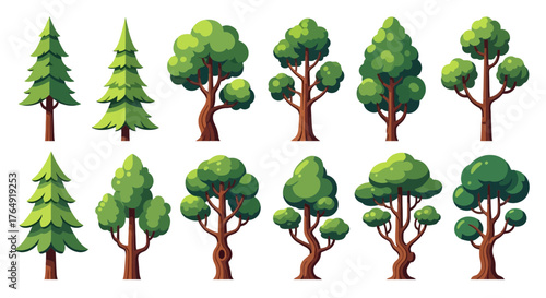 Set of cartoon trees with green leaves and brown trunks in vector format