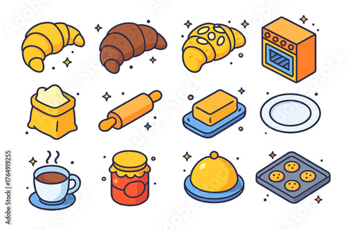 Freshly Baked Icons. Freshly baked. Colorful isometric vector icons set of freshly baked: croissant, chocolate croissant, almond croissant, oven, flour,