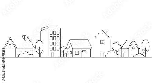 Cityscape outline with houses and trees