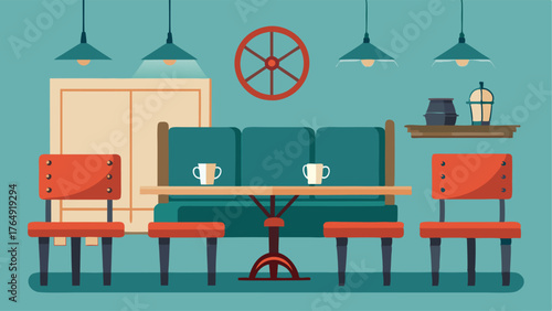 A dining area with a mix of seating including a wooden bench metal chairs and an upholstered banquette. The dining table is a repurposed factory cart on wheels.