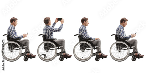 Series of four grayscale photographs depicting a person in a wheelchair in different actions transparent background