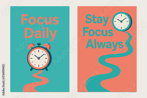Focus and Concentration Banners. Focus daily. Two vertical A6 banners with safe margins, centered composition, no elements touching edges, modern, turquoise