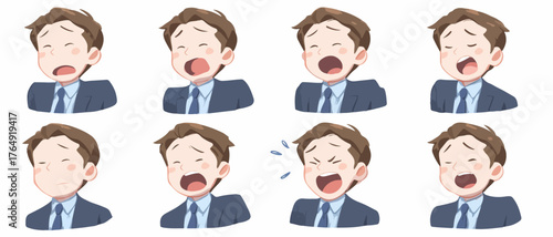 바쁜 현대 사회에서 과도한 업무와 스트레스로 인해 피로와 졸음을 느끼는 직장인의 다양한 하품 표정을 담은 귀여운 벡터 일러스트 세트.