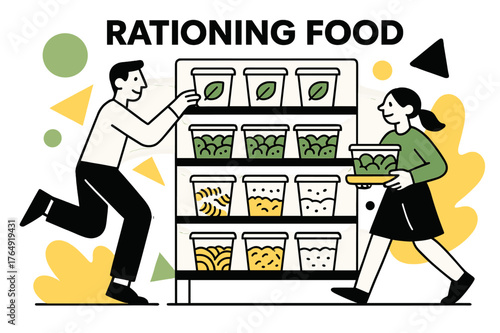 Sustainable Food Rationing. Rationing Food. Shelves stocked with pre-portioned food items and floating abstract geometric shapes, organized and sustainable