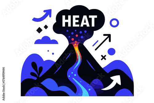 Volcanic Abstract Art. Abstract Landscapes ? Volcanic Shapes. Triangular peak glows with a clean lava ribbon; sparks rise as geometric dots. Caption ?heat?