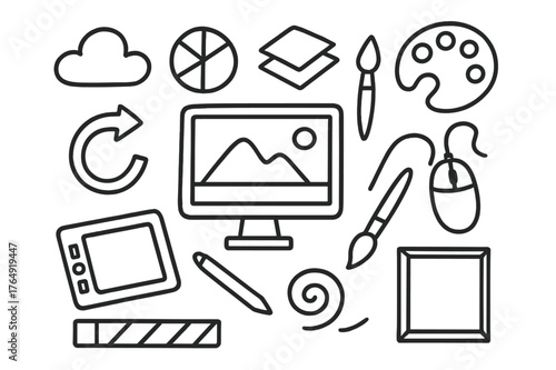 Digital Art Icons. Digital painting. Hand-drawn doodle illustration digital painting tablet, stylus, monitor, layers icon, color picker, brush icon, undo