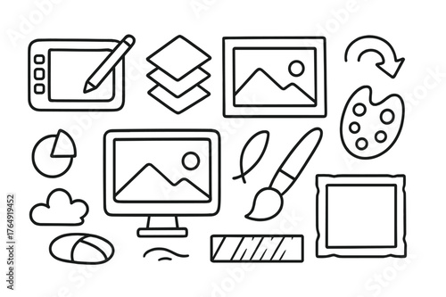 Digital Art Icons. Digital painting. Hand-drawn doodle illustration digital painting tablet, stylus, monitor, layers icon, color picker, brush icon, undo