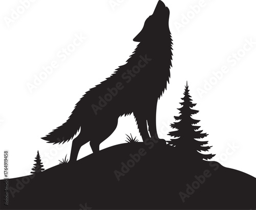 Majestic wolf silhouette howling at the moon on a hilltop with pine trees