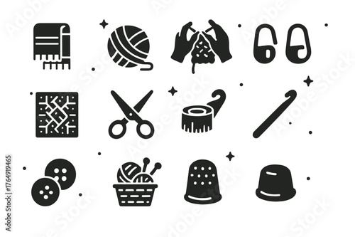 Cozy Knitting Icons. Cozy Knitting. Solid icons set of Cozy Knitting: scarf, yarn ball, knitting needles, hands, stitch markers, pattern chart, scissors,