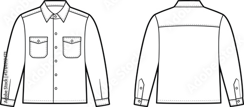 Long sleeve button-up shirt, front and back technical drawing, fashion flat sketch, apparel design template, garment construction, clothing illustration