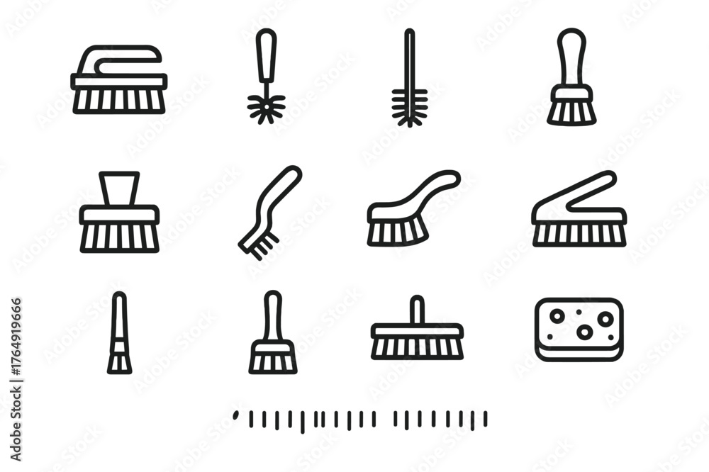 Fototapeta premium Cleaning Brush Icons. Cleaning brushes. Line icon set of cleaning brushes: scrubbing brush, toilet brush, bottle brush, dish brush, paint cleaning brush, wire