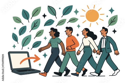 Digital Detox Outdoors. Digital detox for employees. Employees walking outdoors away from computers with abstract floating leaves, sun, and sparkles; conveys