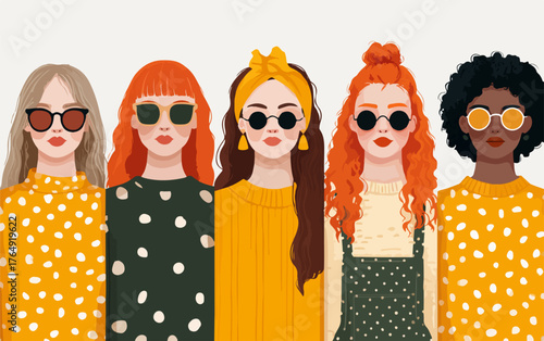 다채로운 헤어스타일과 피부색을 지닌 젊은 여성들이 트렌디한 선글라스와 노란색 의상으로 각자의 독특한 개성을 당당하게 표현하는 생동감 넘치는 현대적 벡터 일러스트레이션.