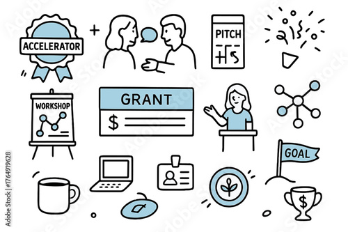 Women Startup Doodles. // Women-focused startup accelerator. Hand-drawn doodle illustration Women-focused startup accelerator [accelerator badge (accented),