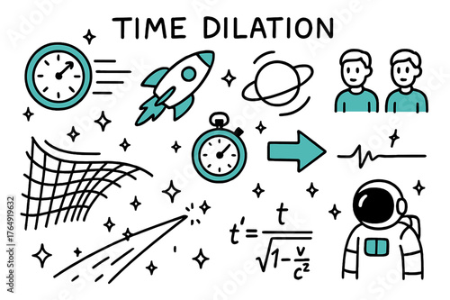 Time Dilation Illustrations. // Time dilation. Hand-drawn doodle illustration Time dilation [clock stretch (accented), rocket (accented), planet orbit, twin