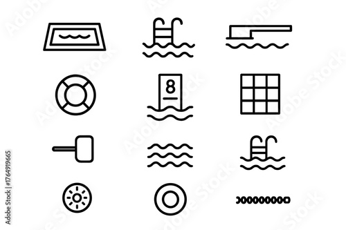 Swimming Pool Icons. Swimming Pool. Line icon set of Swimming Pool: rectangular pool, ladder, diving board, life ring, depth marker, pool tiles, skimmer net,