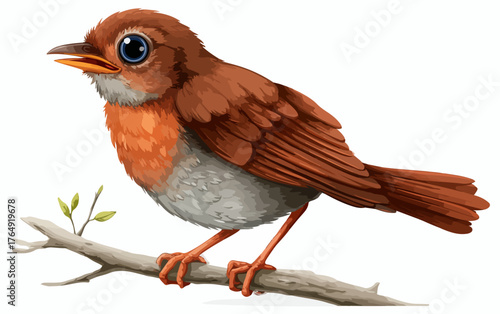 푸른 눈을 가진 귀여운 작은 갈색 새가 나뭇가지에 평화롭게 앉아있는 모습을 담은 벡터 일러스트레이션으로, 자연의 생명력과 순수함을 예술적으로 표현합니다.