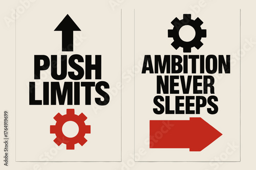 Brutalist Banner Design. Push limits. Two vertical A6 banners with safe margins, centered composition, no elements touching edges, brutalist, black and red,