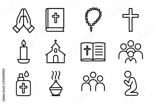 Church Icon Set. Church prayer circle. Line icon set of church prayer circle: praying hands, Bible, rosary, cross, candle, church, prayer book, choir, holy