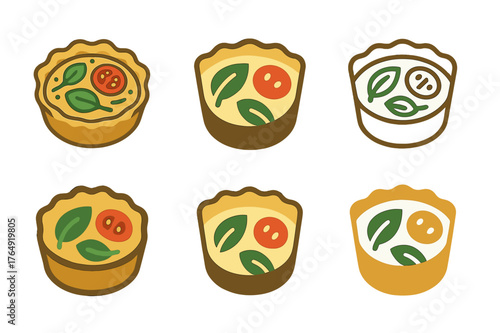 Vegetable Quiche Logos. Vegetable quiche. Set Logo of Vegetable quiche: tart filled with spinach and tomato. harmonious logo variations of the same emblematic