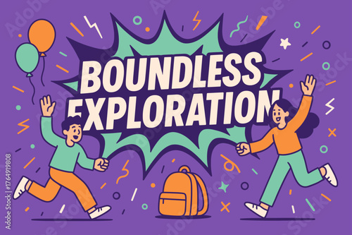 Boundless Exploration Banner. Boundless exploration banner, flat vector illustration, bold oversized text inside comic burst, cartoon characters running and