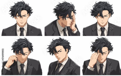 정장을 입은 젊은 남성 캐릭터가 고민 슬픔 짜증 등 다채로운 감정을 섬세하게 표현하며 현대인의 복잡한 내면을 보여주는 고품질 벡터 일러스트 모음으로 다양한 디자인 프로젝트에 활용될 수 있습니다.