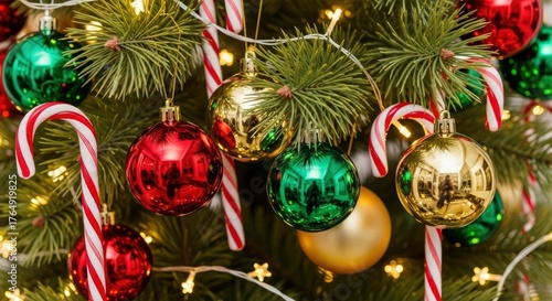 christmas ornaments, pine tree branches, candy canes, holiday decorations, festive celebration, vibrant colors, baubles, tinsel, cozy atmosphere, seasonal joy
