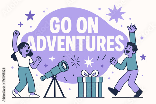 Adventurous Banner Extravaganza. Go on adventures banner, flat vector illustration, bold oversized text inside rounded blob, cartoon characters shouting and