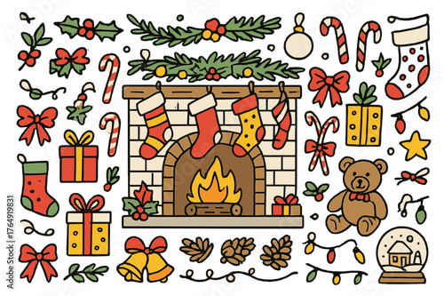 Festive Fireplace Doodle. Holiday cheer. Hand-drawn doodle illustration Christmas stockings (colored), fireplace (colored), mantel (colored), candy canes