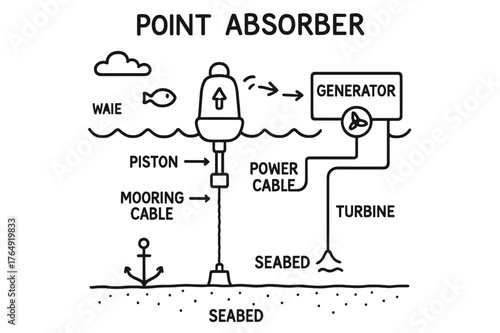 Point Absorber Diagram. Point absorber. Hand-drawn doodle illustration point absorber buoy, piston, wave line, mooring cable, anchor, seabed, power cable,