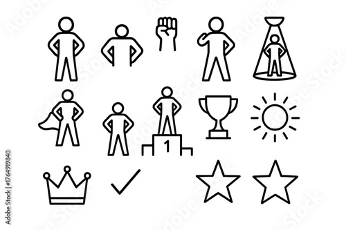 Empowerment Icon Set. Empowerment pose. Line icon set of empowerment pose: person standing tall, arms on hips, raised fist, confident stance, superhero