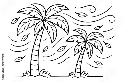 Windy Palm Coloring. Windy palm day children?s coloring book illustration, outlined drawing, palm trees bending gently in the breeze with curved motion lines