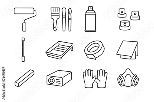 Mural Artist Tools. Mural Artist Toolkit. Line icon set of Mural Artist Toolkit: wide roller, brush set, spray can, cap nozzles set, extension pole, paint