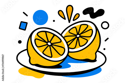 Abstract Lemon Art. Sliced Lemon. Close-up of lemon halves on a plate with floating abstract geometric shapes and juice droplets, fresh and zesty composition.
