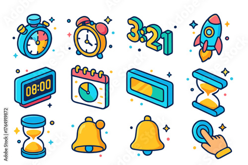 Colorful Countdown Icons. Timer countdown. Colorful isometric vector icons set of timer countdown: stopwatch, alarm clock, sand timer, countdown numbers,
