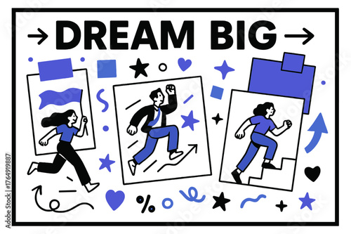Dream Big Vision. Vision Board. A big collage frame with floating sticky notes and magazine cutouts; bold headline ?DREAM BIG? hovers above arrows pointing