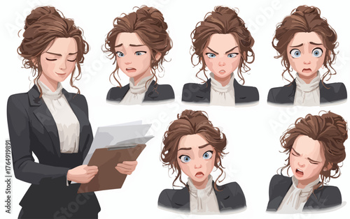 정장 차림의 젊은 여성이 다양한 감정을 표현하는 벡터 일러스트레이션으로, 직장인의 복잡한 내면을 섬세하게 묘사합니다.